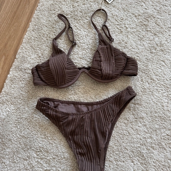 Brown ribbed bikini set