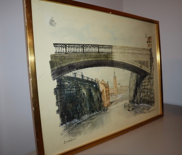 Framed cityscape watercolor painting