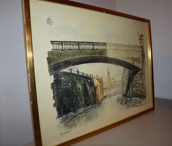 Framed cityscape watercolor painting