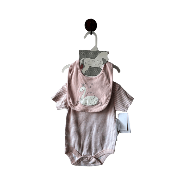 Rock a Bye Baby Boutique My First Nursery baby girl hamper set, including a pink and white striped bodysuit and a swan-themed bib size 3-6months 