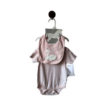 Rock a Bye Baby Boutique My First Nursery baby girl hamper set, including a pink and white striped bodysuit and a swan-themed bib size 3-6months 