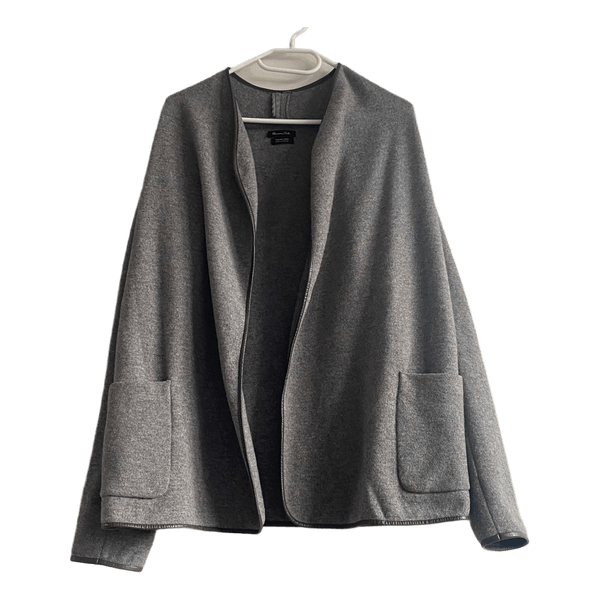 Massimo Dutti Wool Open Cardigan Jacket EU 36 S Grey Leather Trim Coatigan