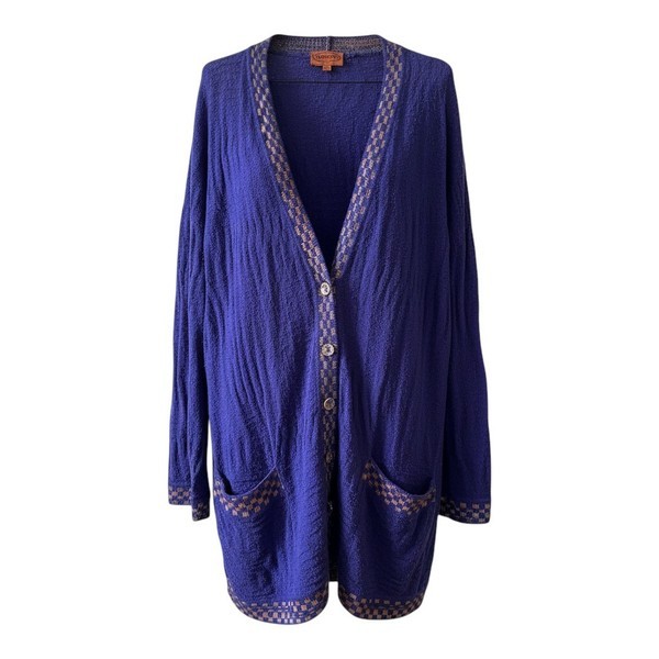Missoni Lång Kofta / Dam L–XL – Koboltblå /Geometrisk Jacquardkant/Made in Italy