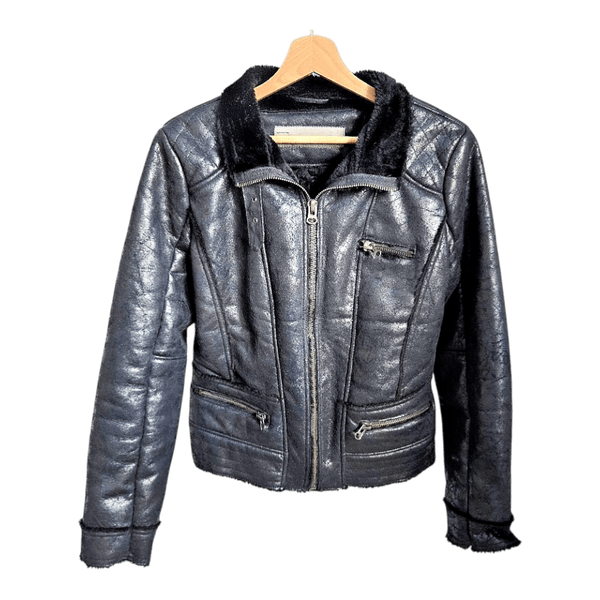 Zara Basic Black Faux Leather Biker Jacket with Warm Faux Fur Lining (L / fits S–M)