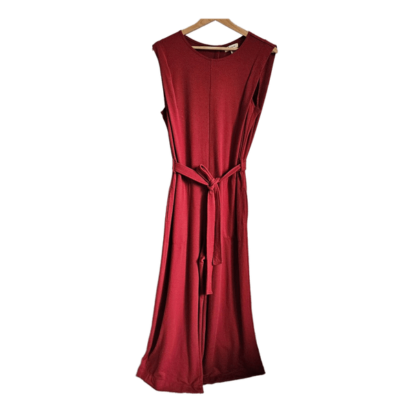 Max Studio S Burgundy Wide Leg Jumpsuit Belted Pockets Maxi Sleeveless Elegant