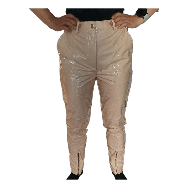 Beige patent zipper pants