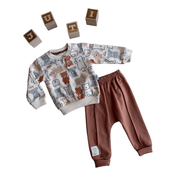 Baby bear print beige brown set for boys