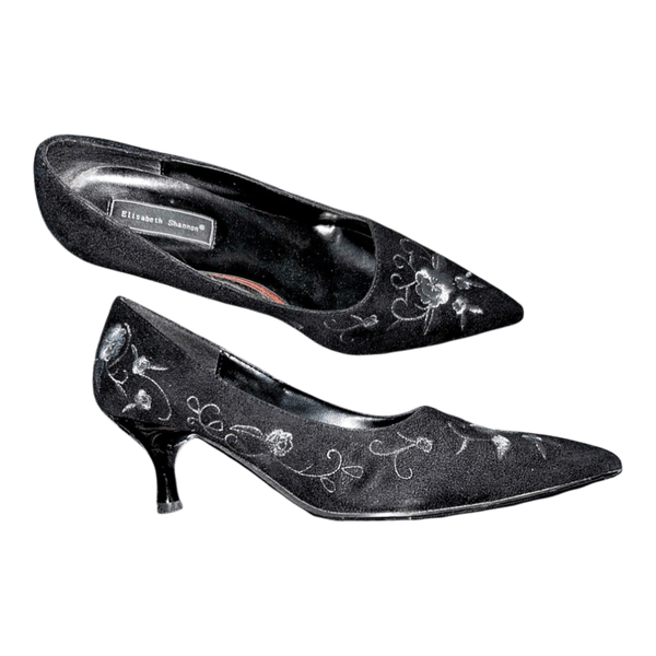 Black embroidered kitten heels