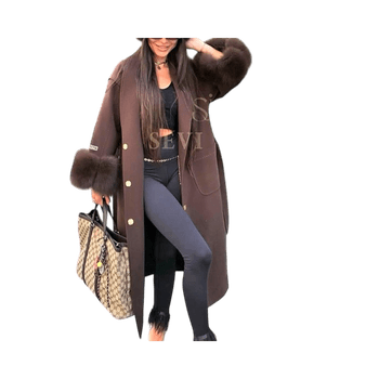 Brown oversized coat with fur sleeves