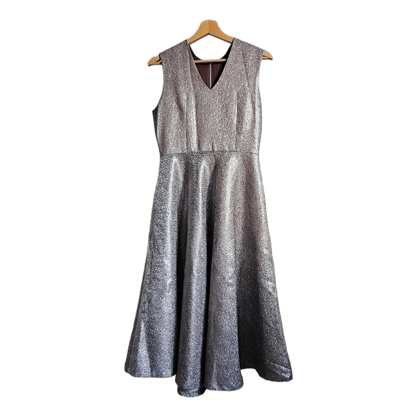 Metallic Silver Rose Gold Fit & Flare Midi Dress V Neck Party Evening Formal