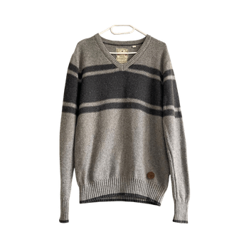 Mustang Grey Striped V-Neck Cotton Wool Sweater Pullover Size M