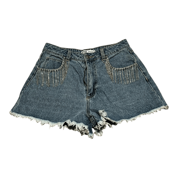 Blue denim shorts with hanging crystals