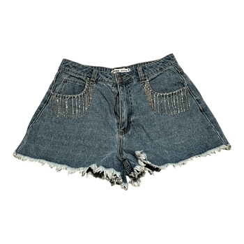 Blue denim shorts with hanging crystals