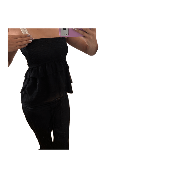 Black strapless ruffled top