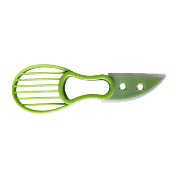 Green plastic avocado preparation tool with knife 
