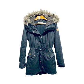 Super warm dark navy blue Makia winter parka with faux-fur hood trim