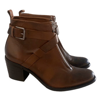 Diesel Women’s Brown Leather Ankle Boots EU 39 UK 6 Zip Buckle Distressed Block Heel