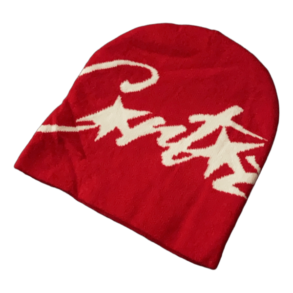 Red and white graphic Corteiz knit beanie