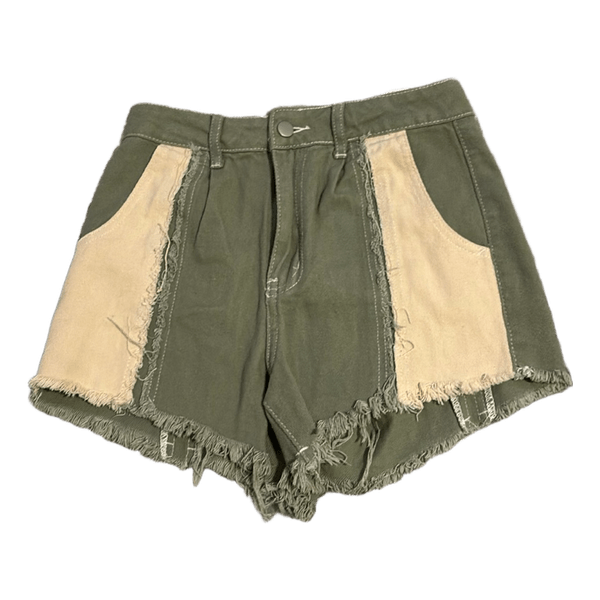Colorblock olive denim shorts