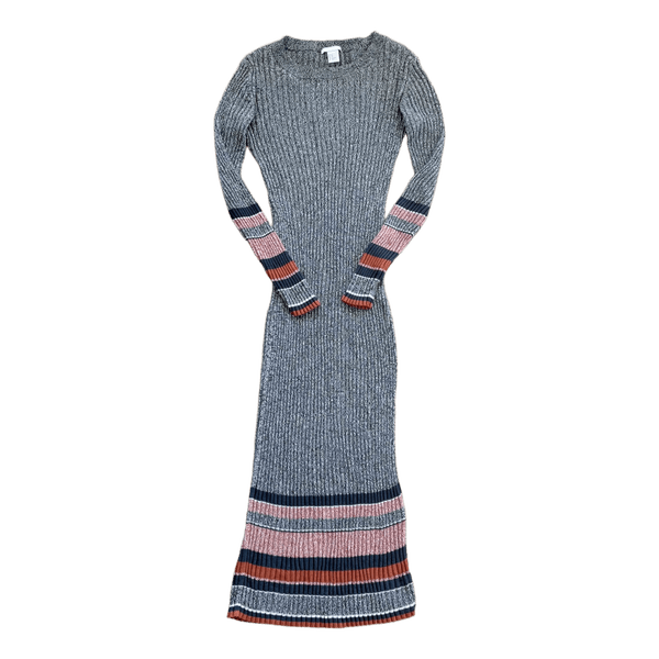 H&M Ripped Knit Midi Dress Grey Stripe - Size XS (Fits XS/S)