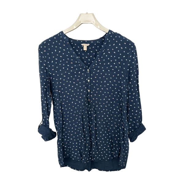 Navy patterned button-up blouse
