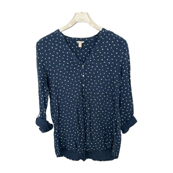 Navy patterned button-up blouse
