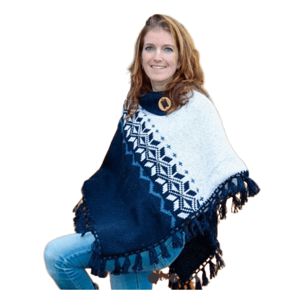 Original South Norwegian Poncho “Elvas” Hand Knit Wool Blend Nordic Unisex Fringe
