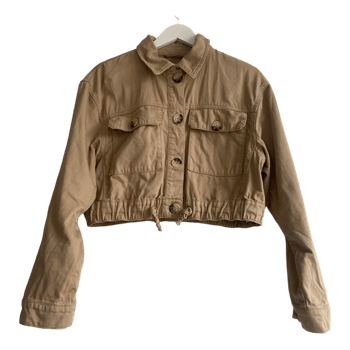 Pull & Bear Cropped Cotton Jacket Womens Size L Beige Utility Safari Style Button Up