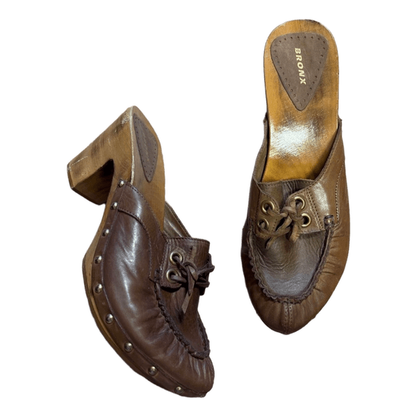 Brown leather heeled clogs