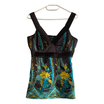 VILA Satin Floral Babydoll Top Women’s Size M Y2K Boho Cami Brown Turquoise