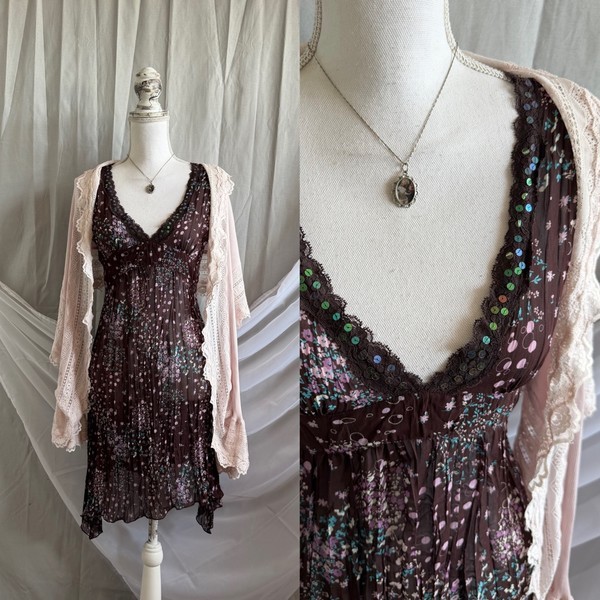Japanese brown floral midi dress
