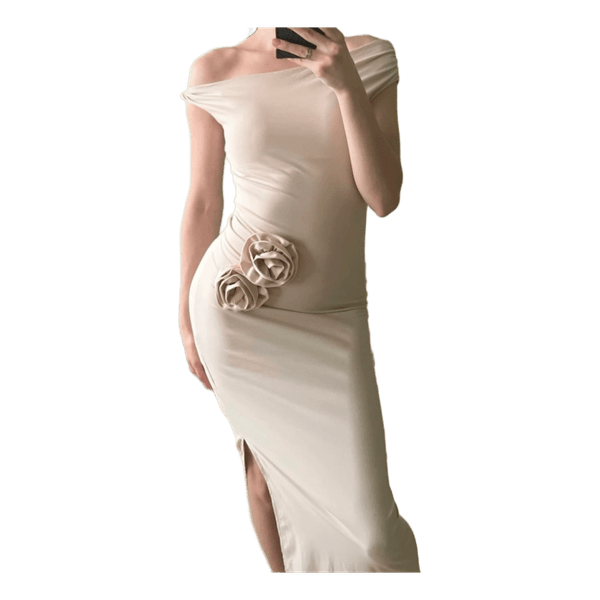 Beige off-shoulder maxi dress