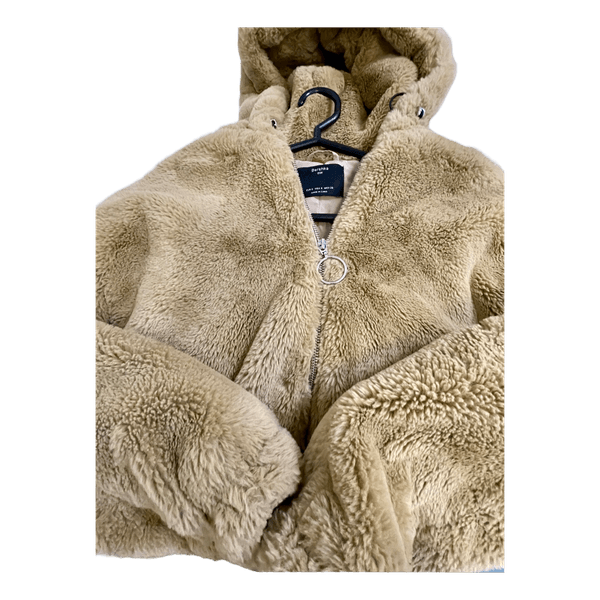 Beige faux fur hooded jacket