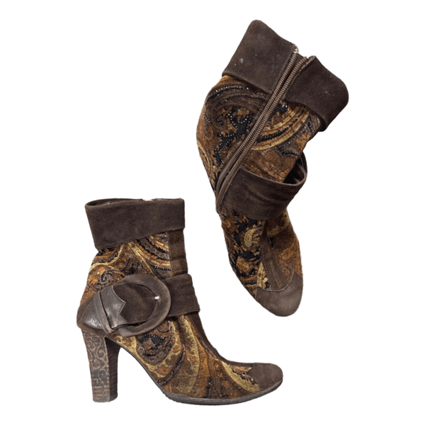 Brown paisley heeled ankle boots