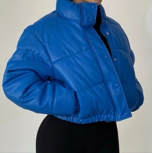 Blue faux leather puffer