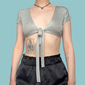 Silver metallic tie crop top