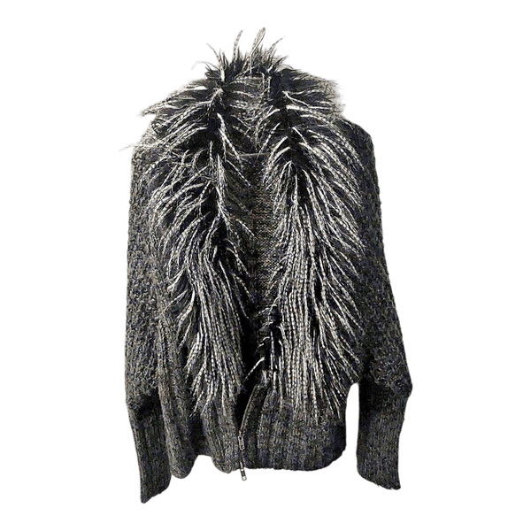 Grey knitted cardigan with fur and zipper
