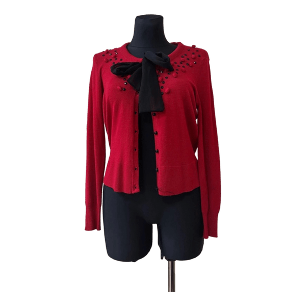 Red knit cardigan