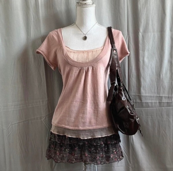 Pink layered scoop neck top sweater