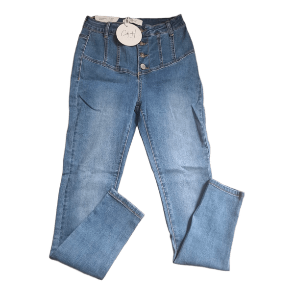 Siniset korkeavyötäröiset skinny-farkut