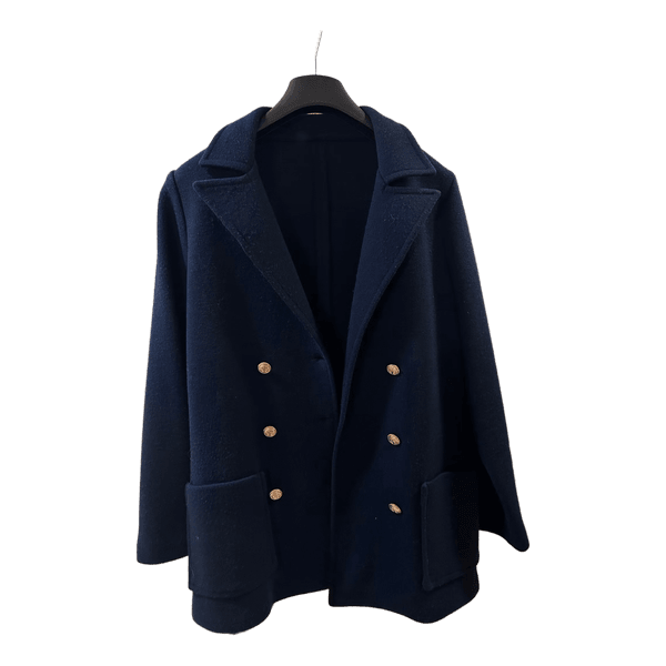 Blue double-breasted knit blazer