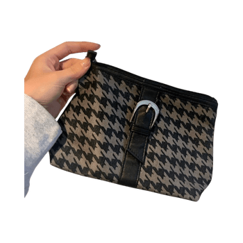 Black and grey houndstooth cosmetic pouch