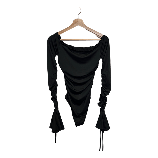 Black ruched bell sleeve bodysuit