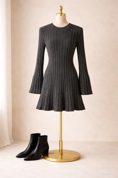 Grey ribbed knit dress