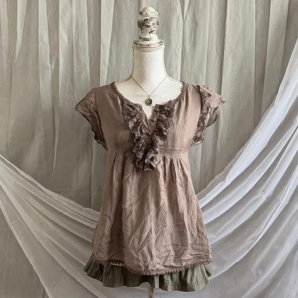 Brown ruffle lace detail babydoll blouse