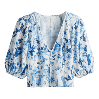 H&M linen blend floral cropped top XS puff sleeve summer blouse boho cottagecore