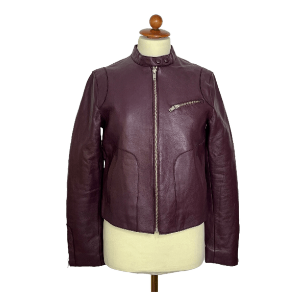 La Redoute Oxblood Red Leather Biker Jacket UK 10 / 36-38