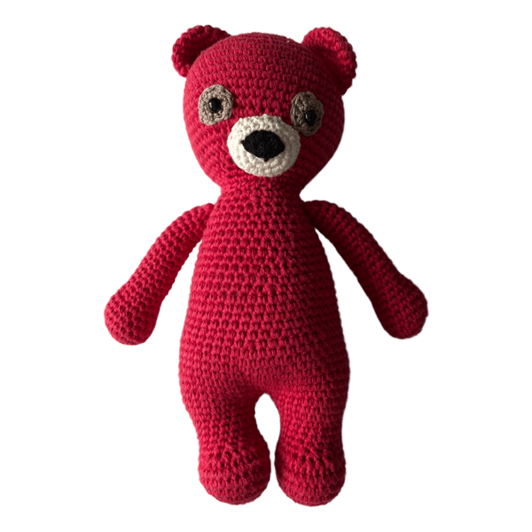 Red crochet teddy bear children’s toy
