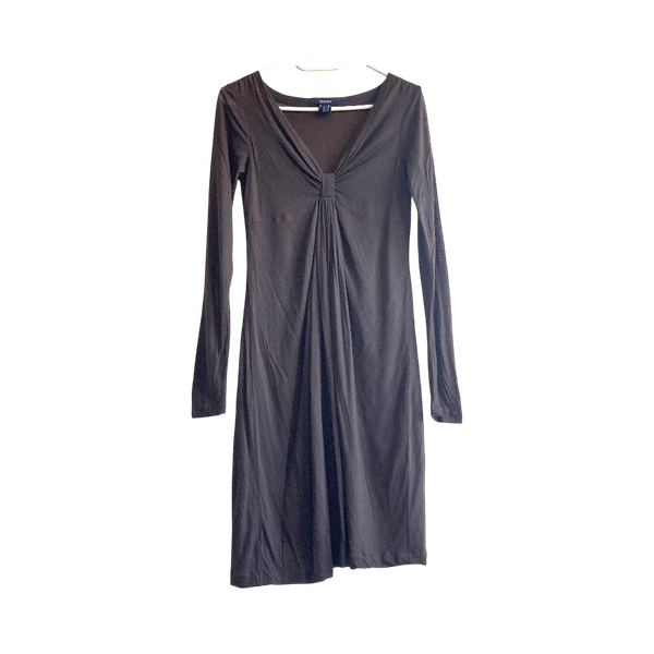 GANT Brown Wool Lyocell Midi Dress Size S V-Neck Pleated