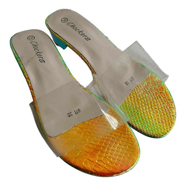 Iridescent block heel sandals
